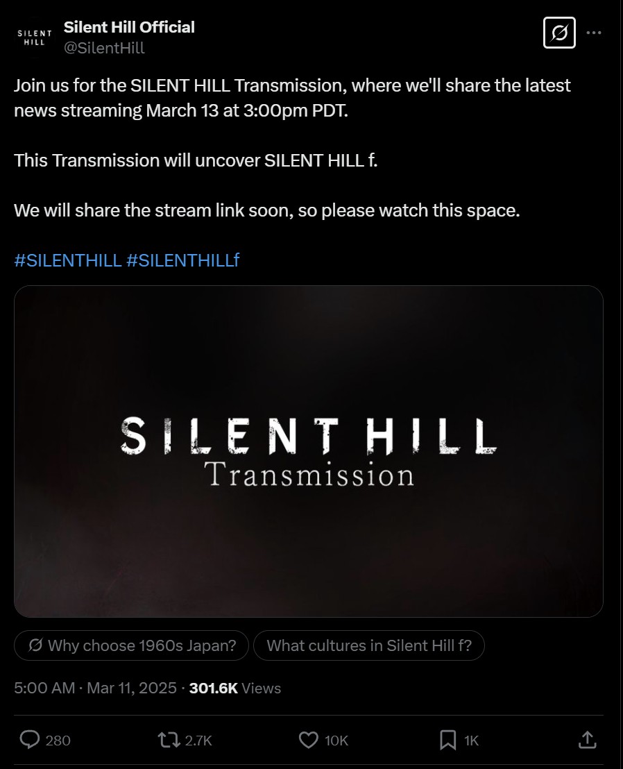 Konami Gelar Silent Hill Transmission pada 13 Maret, Hadirkan Update Silent Hill f