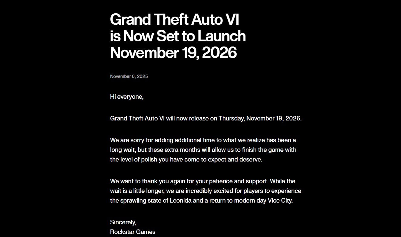 GTA 6 Ditunda Lagi ke November 2026, Rockstar Minta Waktu Tambahan Demi Sempurna