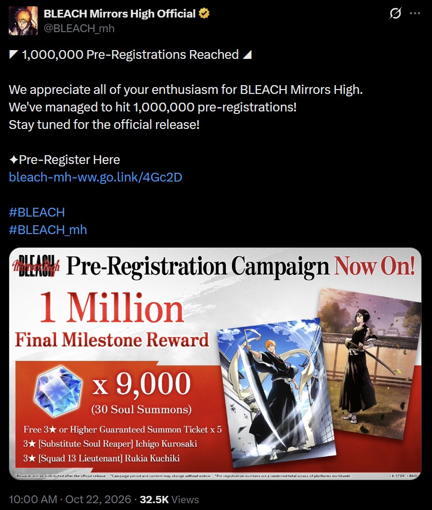 BLEACH Mirrors High Tembus 1 Juta Praregistrasi!